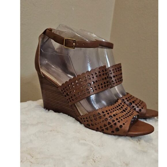 Tory Burch Nutria Tan Leather Wedge Heels Size 8.5 - Picture 1 of 10
